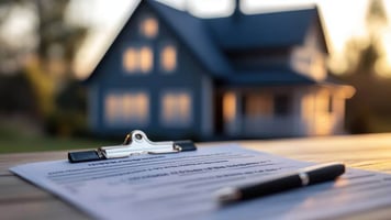 Financing documents on a table in front of a new home in the background.