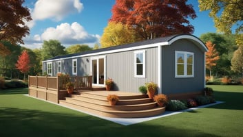 Manufactured home with deck. Concept of insurance for manufactured home attachments