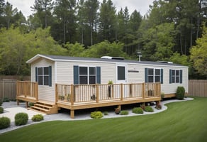 Single wide manufactured home with wraparound deck and green grass